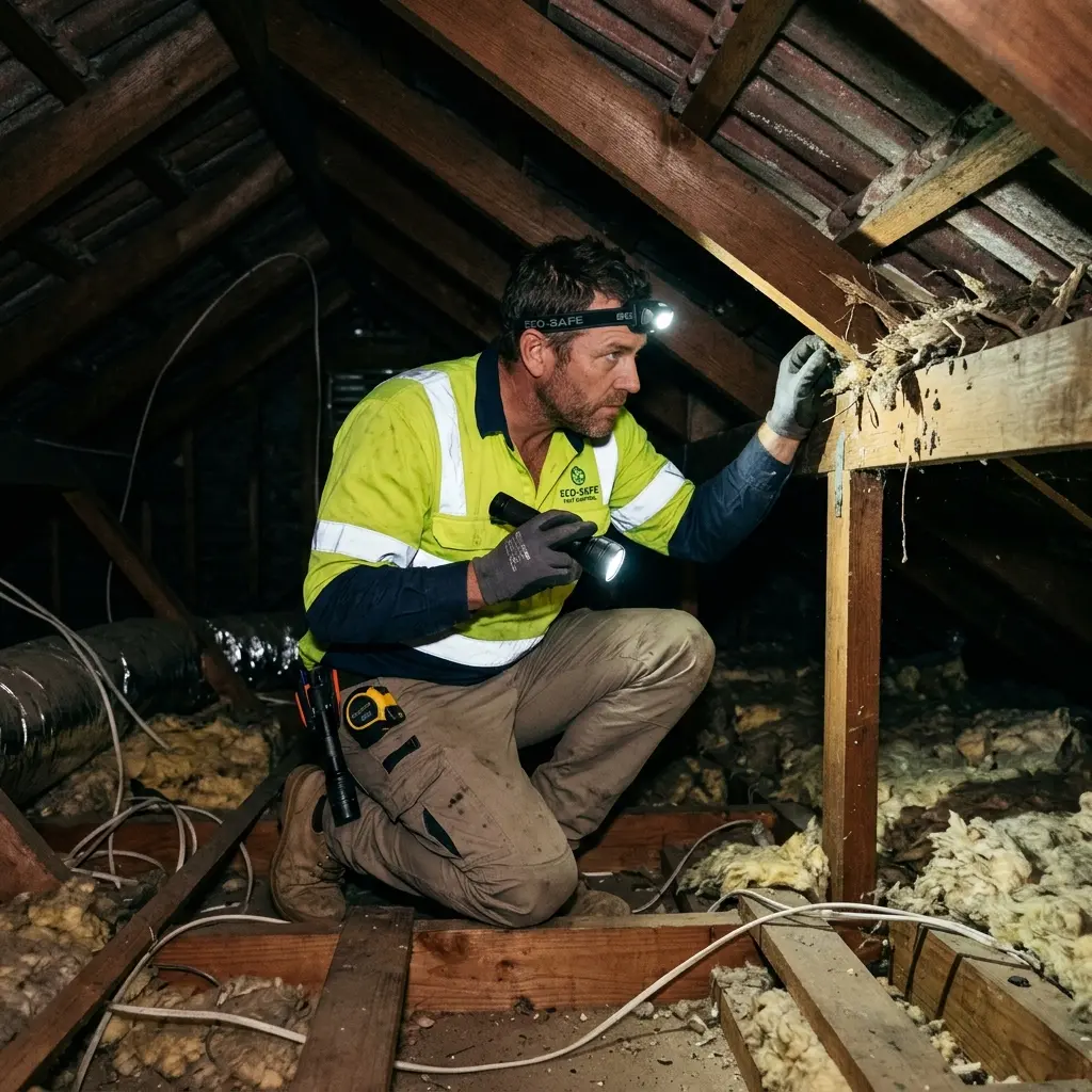 Technician inspecting a roof cavity for a dead animal in Devon Meadows