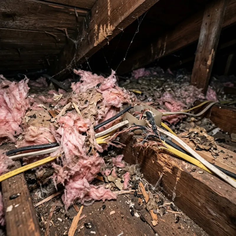Contaminated ceiling insulation being assessed in a Devon Meadows roof space