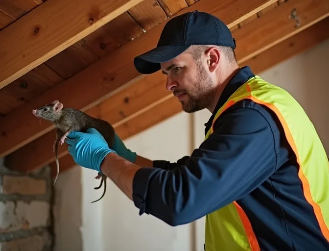 Technician inspecting a roof cavity for a dead rat in Devon Meadows